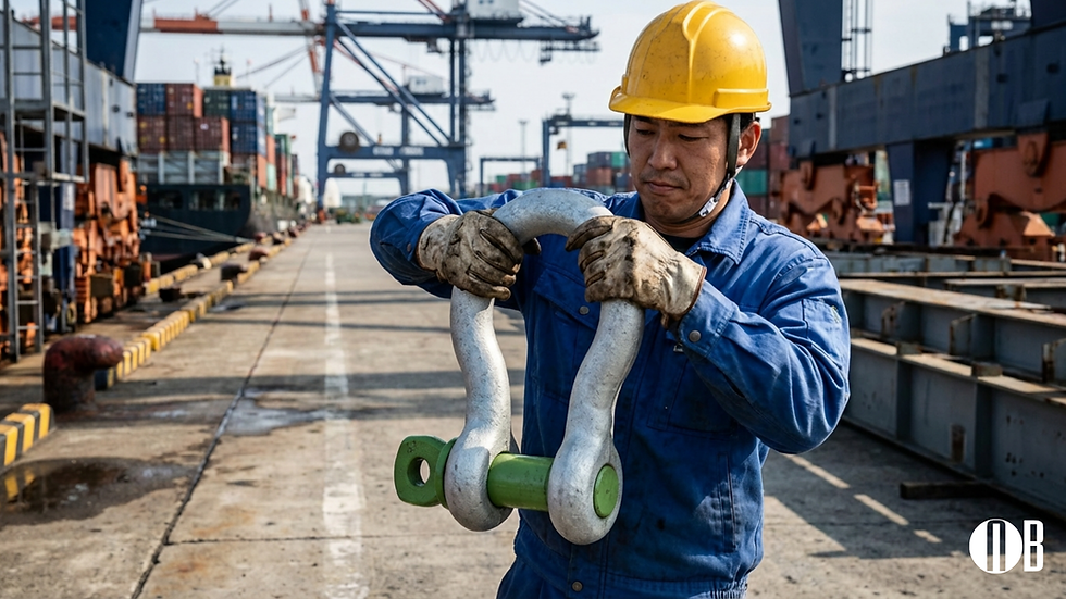 Worker in blue coveralls and yellow hard hat holds a large shackle. He's on a dock with cranes and containers in the background.