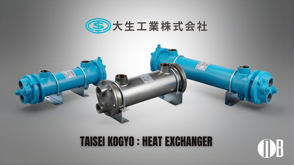 Taisei Kogyo shell-and-tube heat exchangers in blue and stainless steel with mounting brackets for industrial fluid cooling applications