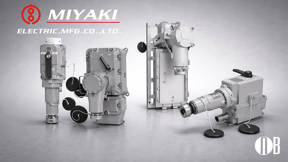 Explosion-proof industrial electrical equipment by Miyaki Electric Mfg. Co., Ltd., featuring multiple heavy-duty flameproof receptacles and enclosures displayed on a neutral gray background, showing robust cast aluminum housings, cable entry points, locking mechanisms, and industrial-grade connectors for hazardous area applications (Zone 1 environments).