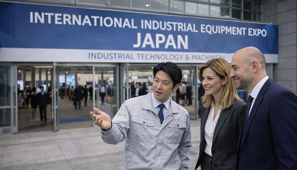Japanese engineer explaining industrial equipment to European business visitors outside an