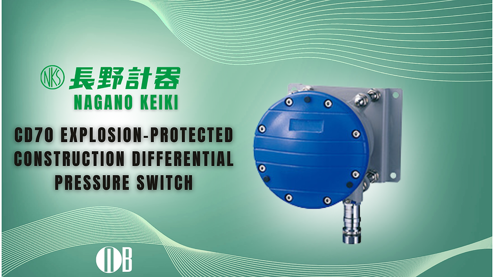 Blue pressure switch on green wavy background. Text reads: Nagano Keiki, CD70 Explosion-Protected Construction Differential Pressure Switch.