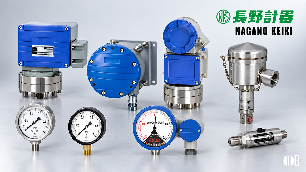 Nagano Keiki industrial pressure gauges and digital indicators displayed together for process measurement applications
