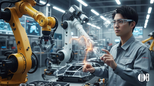 Industrial robot arm using AI to pick parts from a bin; Yaskawa robot performing autonomous motion planning; Fanuc yellow robot arm in a smart factory setting.
