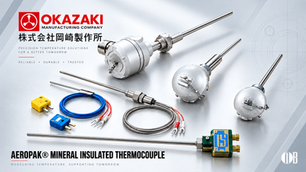Okazaki AEROPAK mineral-insulated thermocouple assemblies with metal-sheathed probes, terminal heads, extension leads and connectors.