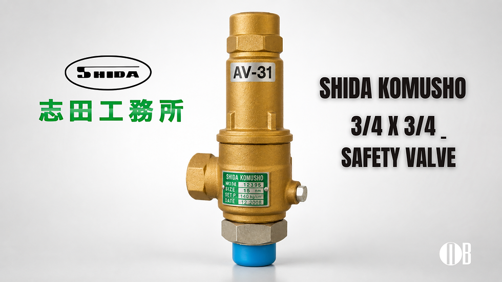 Gold Shida Komusho 3/4 x 3/4 safety valve on white background, labeled AV-31 and SHIDA KOMUSHO, with Japanese text.