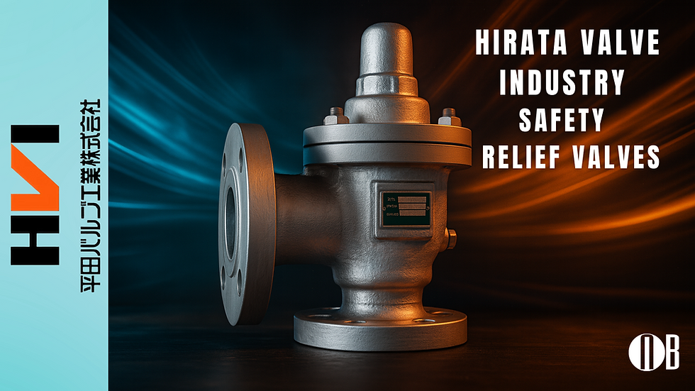 Silver relief valve on a blue-orange gradient background. Text: "HIRATA VALVE INDUSTRY SAFETY RELIEF VALVES" and "HVI" in bold on the left.