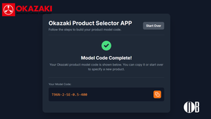 Okazaki Manufacturing Product Selector APP interface showing configuration steps