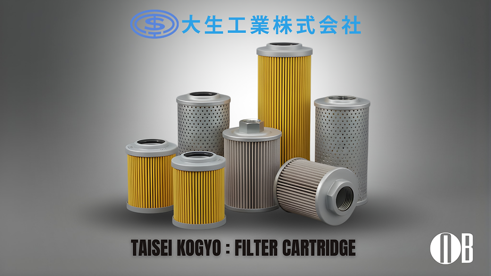 Assorted Taisei Kogyo industrial filter cartridges with pleated media and metal end caps displayed on neutral background