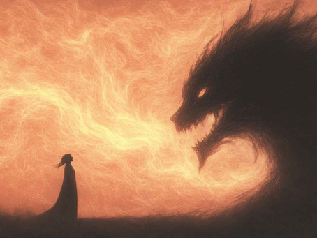 Visual representation of a volunteer being preyed upon by a fiery beast, symbolizing exploitation in recovery spaces