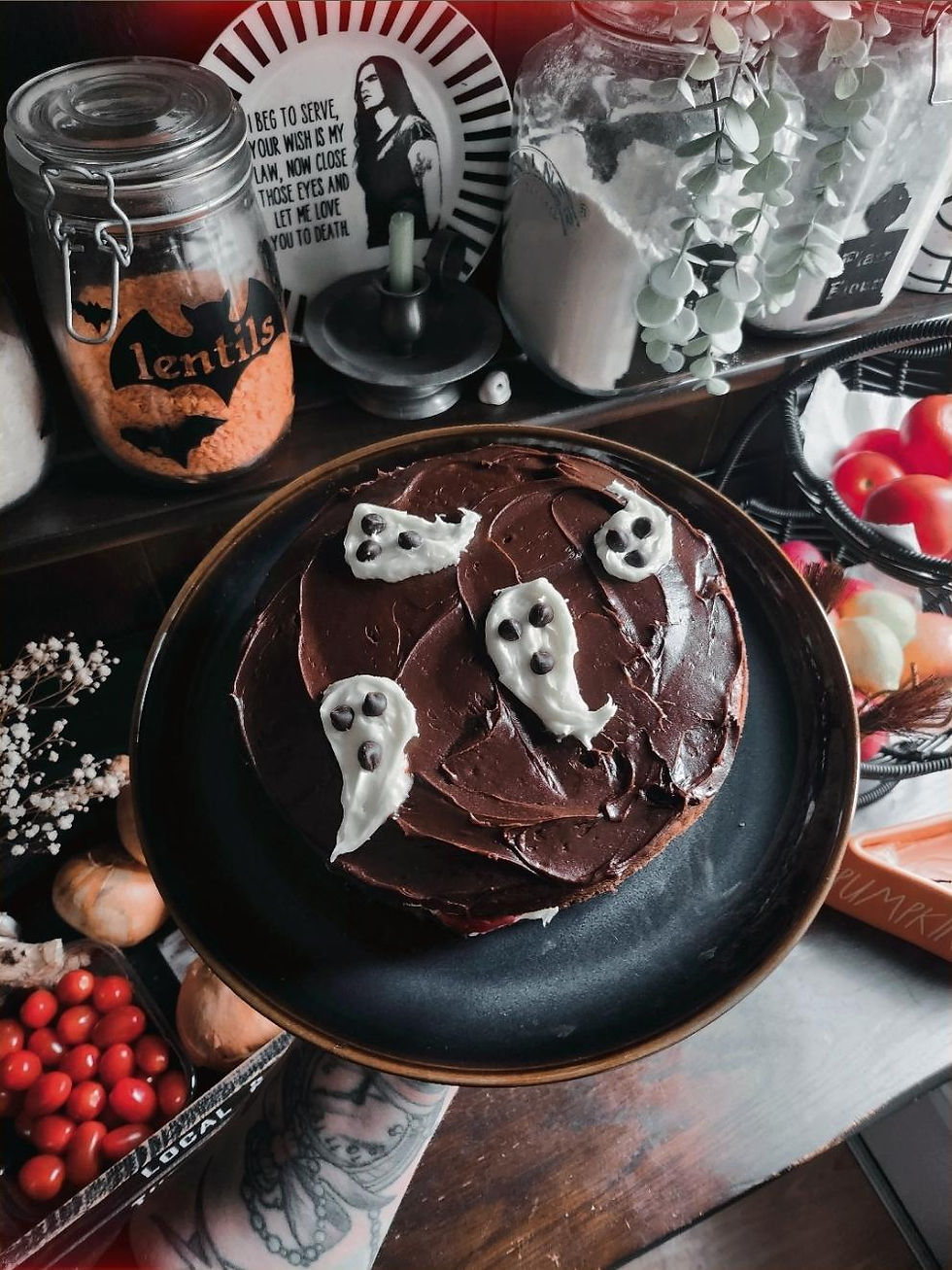 Vegan Black Forest Cake with buttercream ghosts