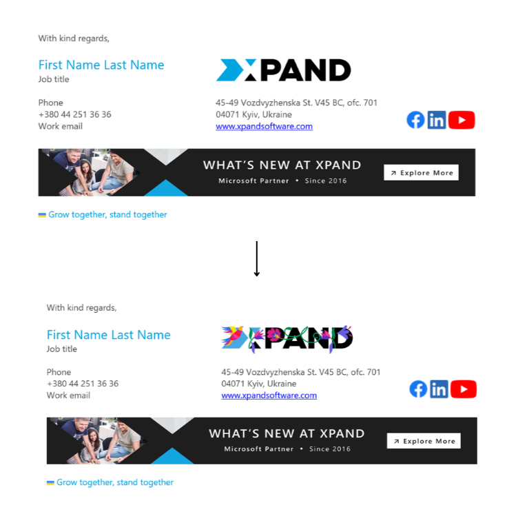 Two email signatures for Xpand, top with blue logo, bottom with colorful logo. Includes contact info, social icons, and “What’s New at Xpand” banner.