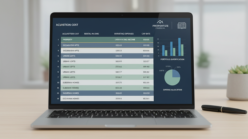 Eye-level view of a laptop screen showing real estate financial spreadsheets