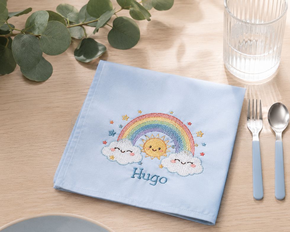 Serviette de table enfant bleue personnalisée avec prénom brodé et motif arc-en-ciel, soleil et nuages pour la cantine ou l'é