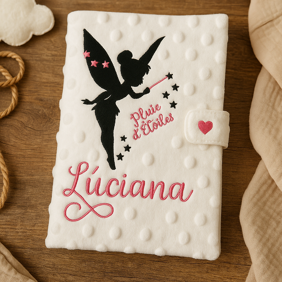 Protège carnet minky blanc brodé avec une fée noire et le prénom Luciana en rose.