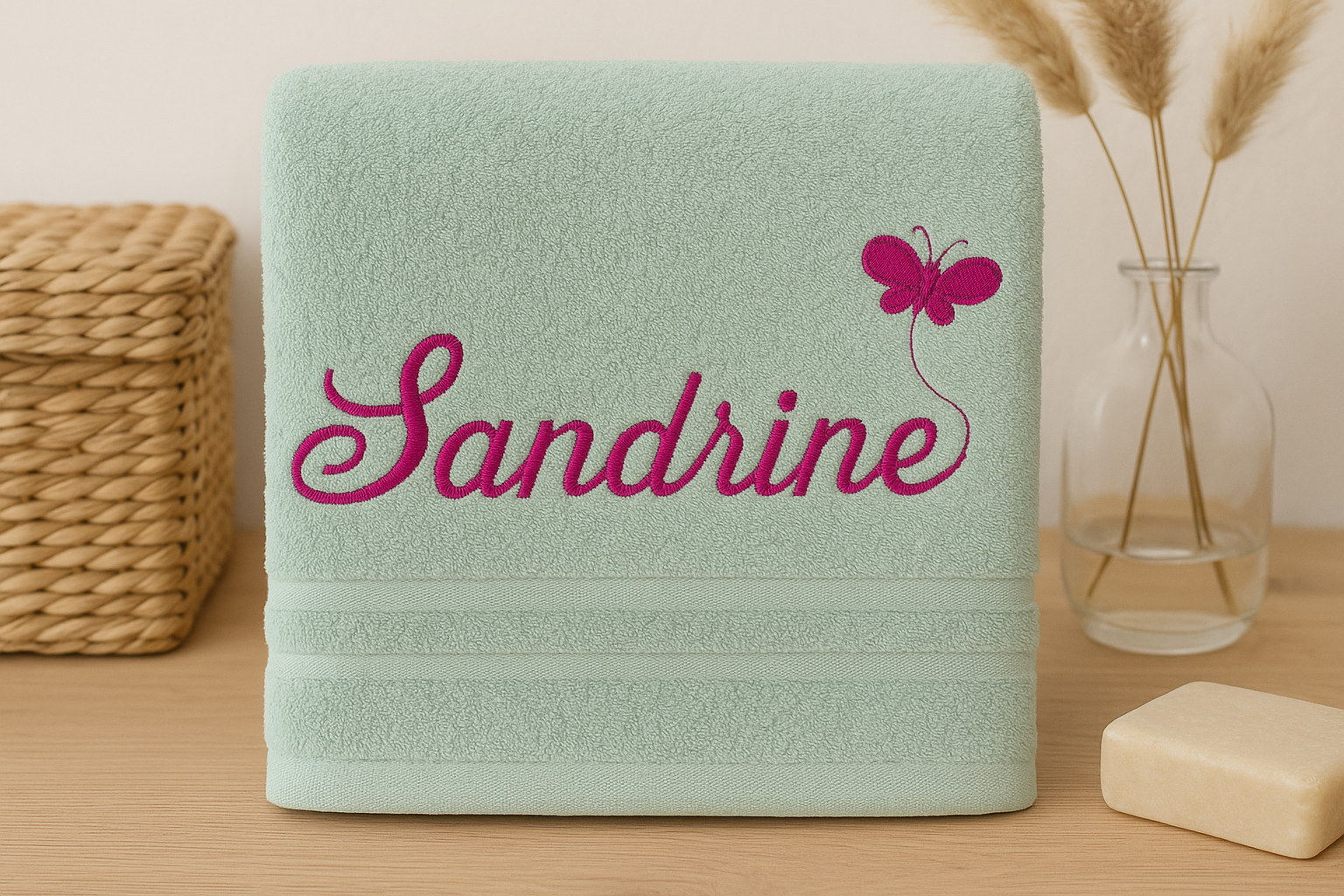 Grande serviette de bain gris clair brodée du prénom Sandrine et d’un papillon, format 70x140 cm, broderie fuchsia.