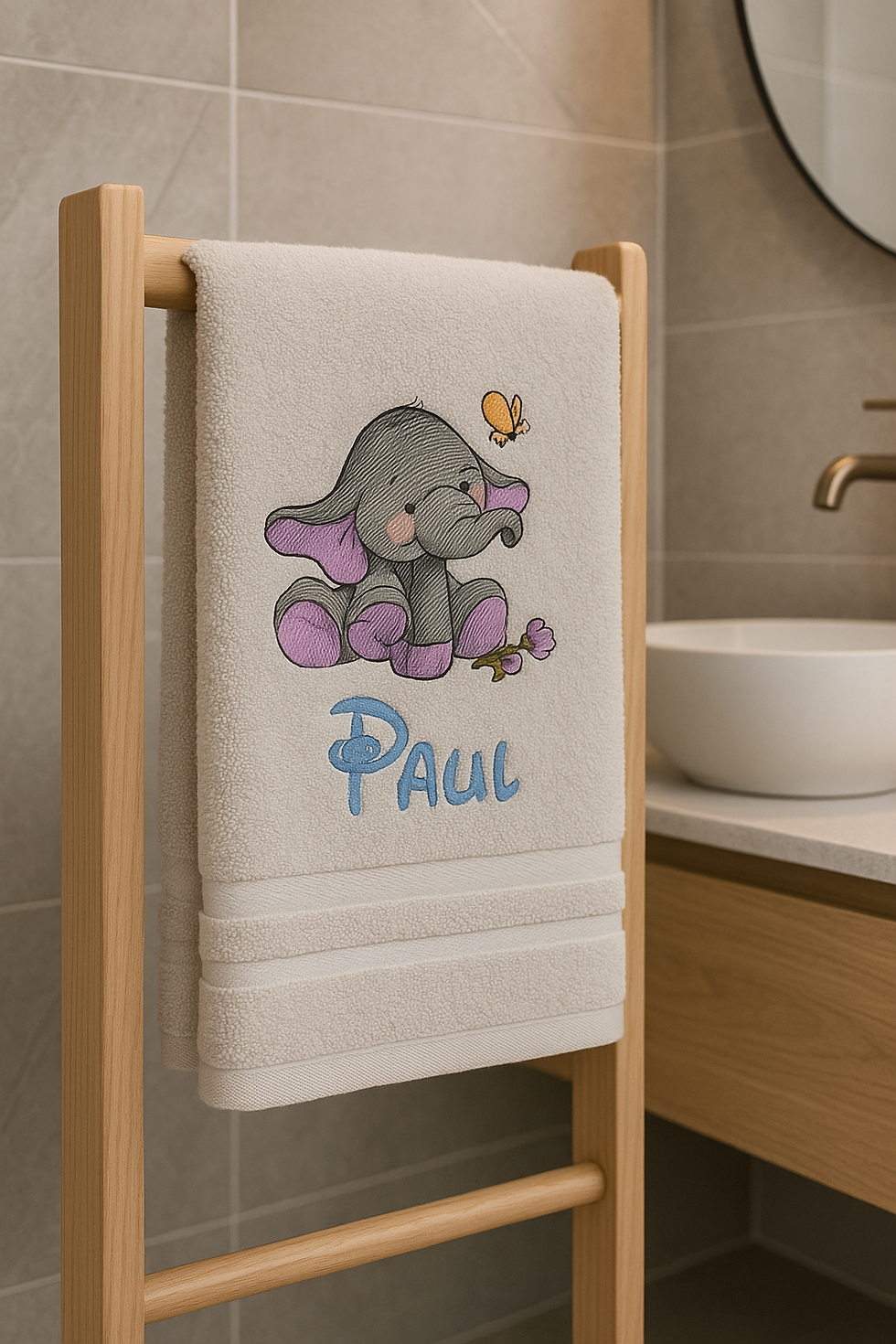 Serviette grise brodée avec un éléphant et un prénom