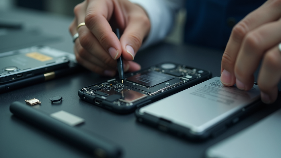 Close-up view of a technician replacing a smartphone battery