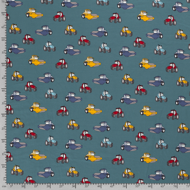 Miniatyrbild: Construction Monster Trucks on Petrol Background,Cotton Jersey