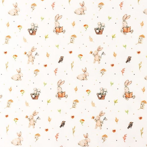 220GSM - Cute Lazy Day Bunnies on Light Cream Background a 4 Way Stretch Cotton