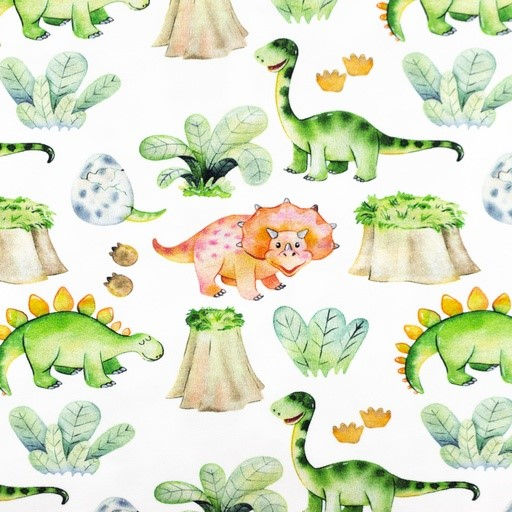 Baby Childrens 220GSM - Cute Dinosaur Snoozy Fabric  on Off White Background