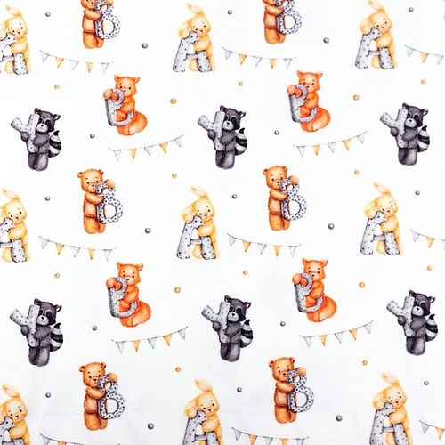 220GSM - Cute Baby Bears and Racoons on Lt Cream 4 Way Stretch Cotton Jersey