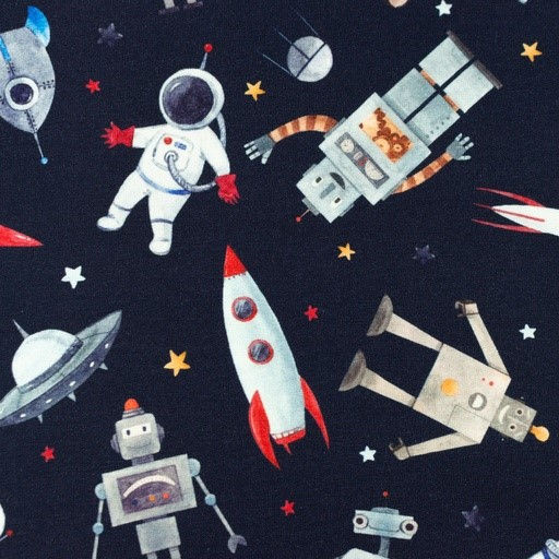 Baby 220GSM - Fun Cartoon Robots on Navy Blue Background a 4 Way Stretch Cotton
