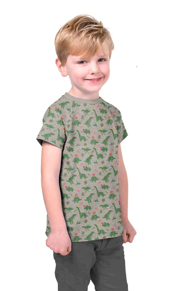 縮圖：Festive Dinos with Parcels on Grey Background  Cotton Jersey Sold by the Half