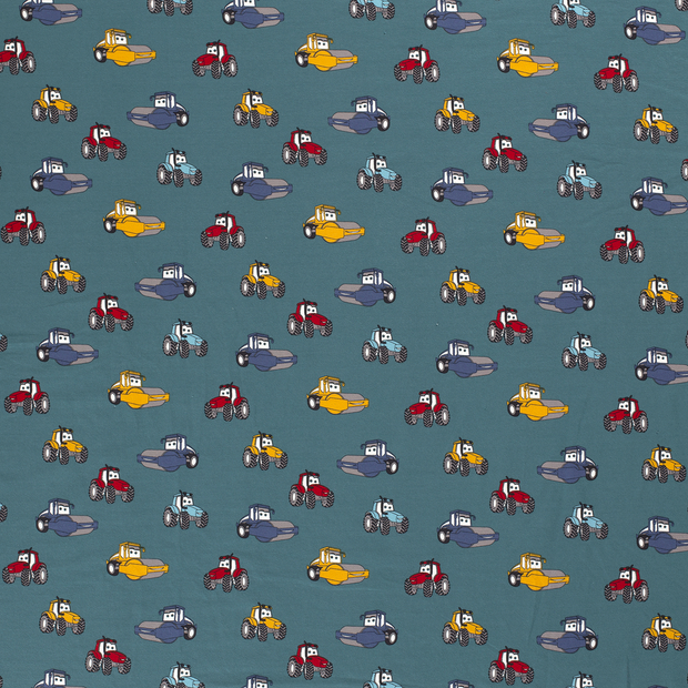 Miniatyrbild: Construction Monster Trucks on Petrol Background,Cotton Jersey