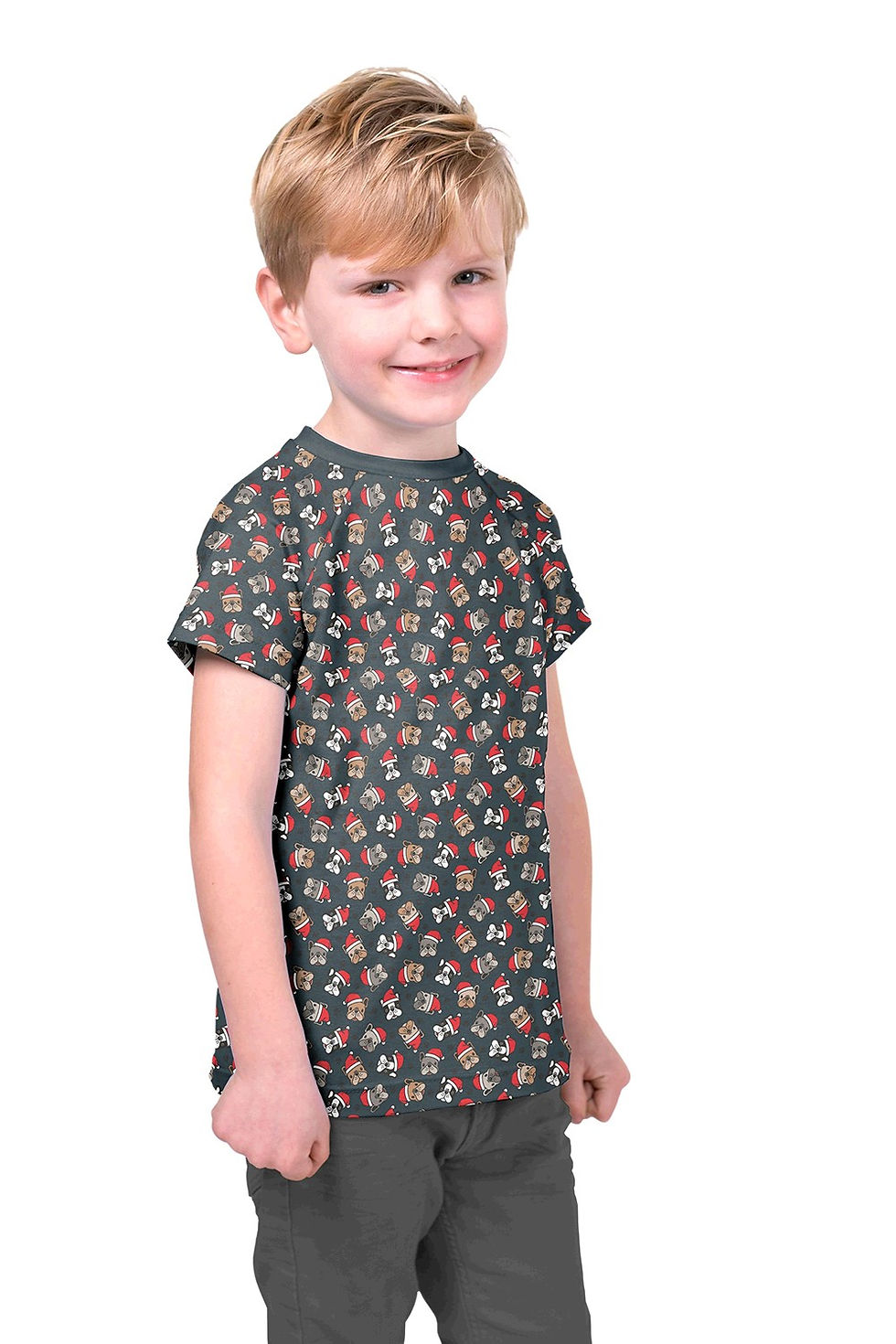 Miniatura: Childrens Christmas Cotton Jersey Fabric - Dogs in Santa Hats on Navy Background