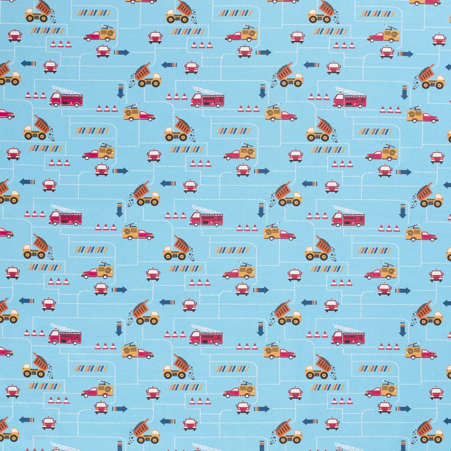 Trucks 4 Way Stretch Cotton Jersey Fabric - On Sky Blue Background