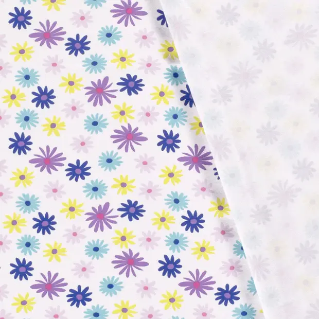 Miniaturebillede: Daisy Flowers 4 Way Stretch Cotton Jersey Fabric - On White Backgro