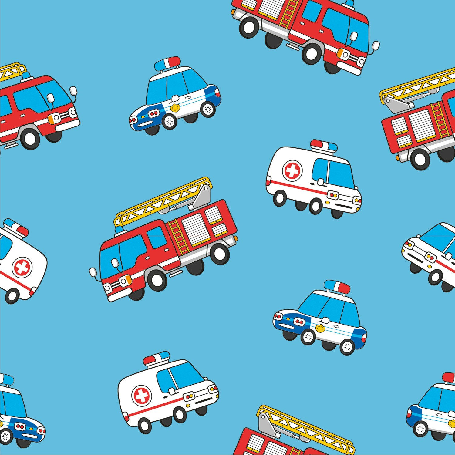 Rescue Trucks on Sky Blue Background Cotton Jersey Sold by the Ha