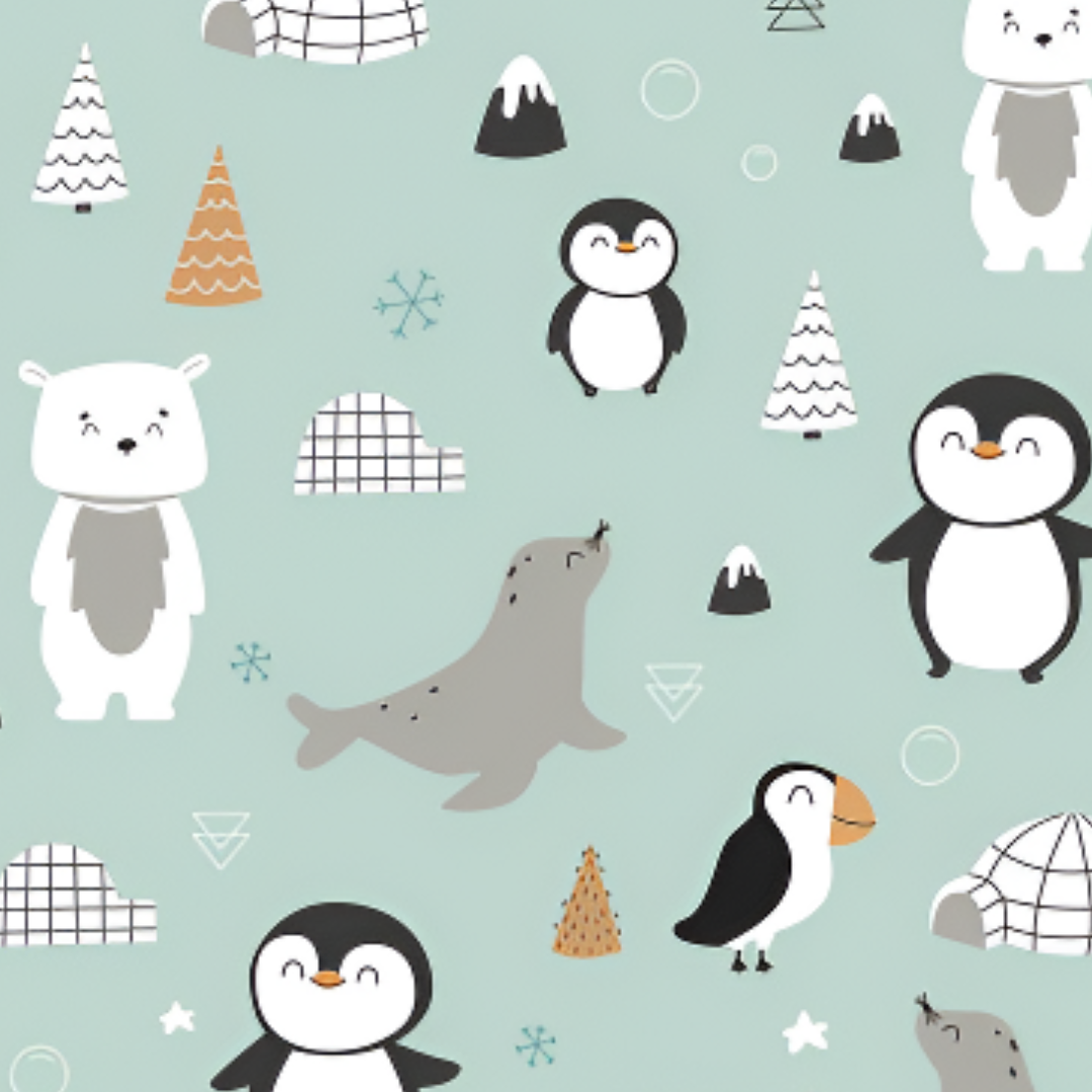 Childrens Novelty Christmas Fabric - Polar Bears and Penguins Mint Cotton Jersey
