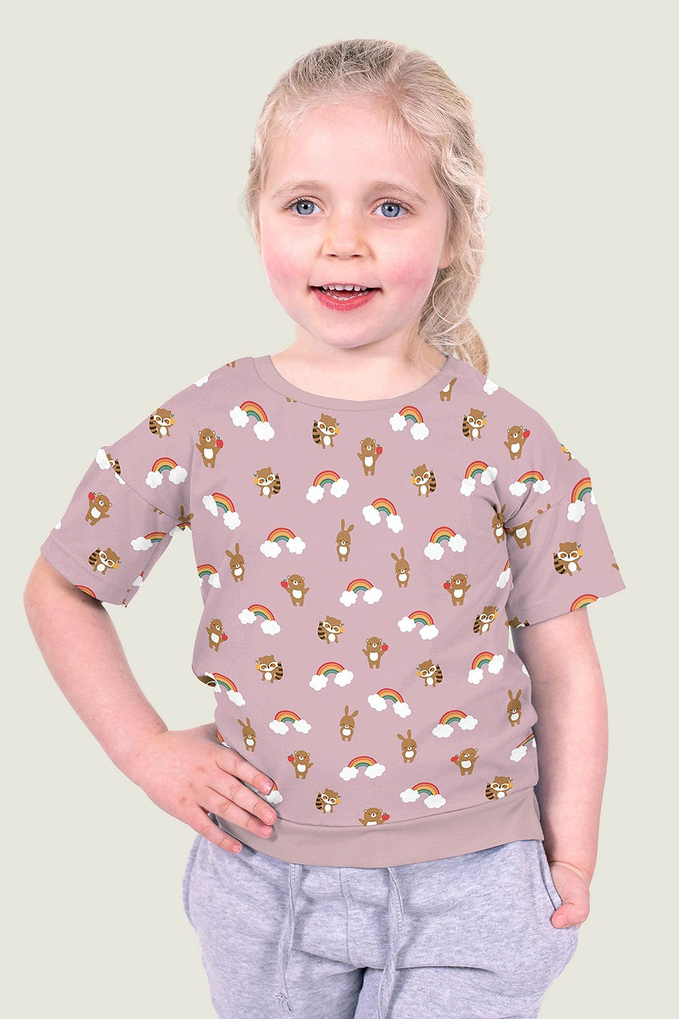 Thumbnail: Racoons and Bunnies Stretch Cotton Jersey Fabric - On Old Pink Background