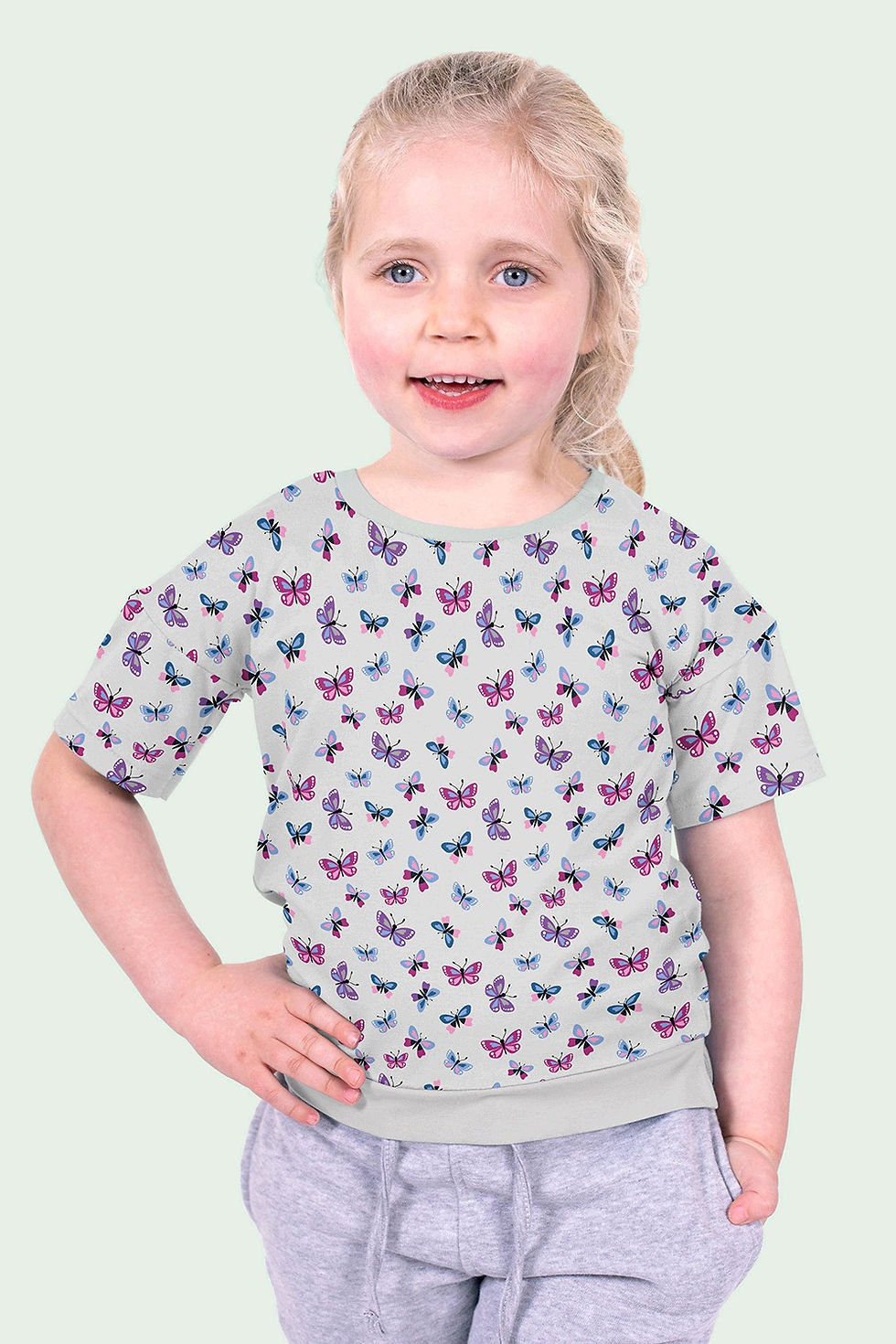 Miniatyrbild: Butterflies on Light Grey Background Cotton Jersey Sold by Half
