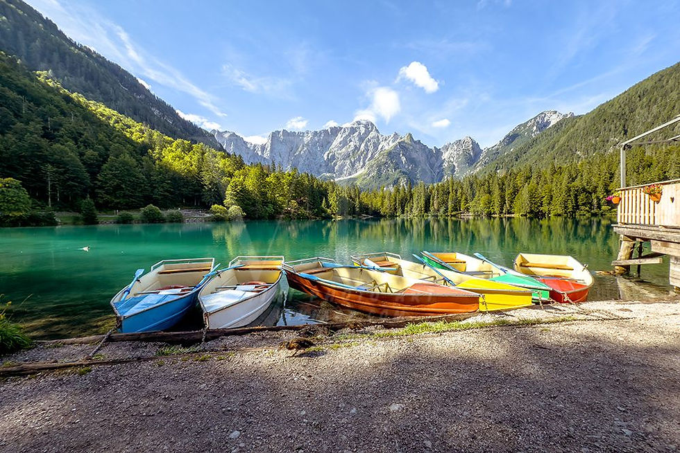 Indexkép: Turquoise Mountain Lake with Rowboats - Vibrant Nature Print