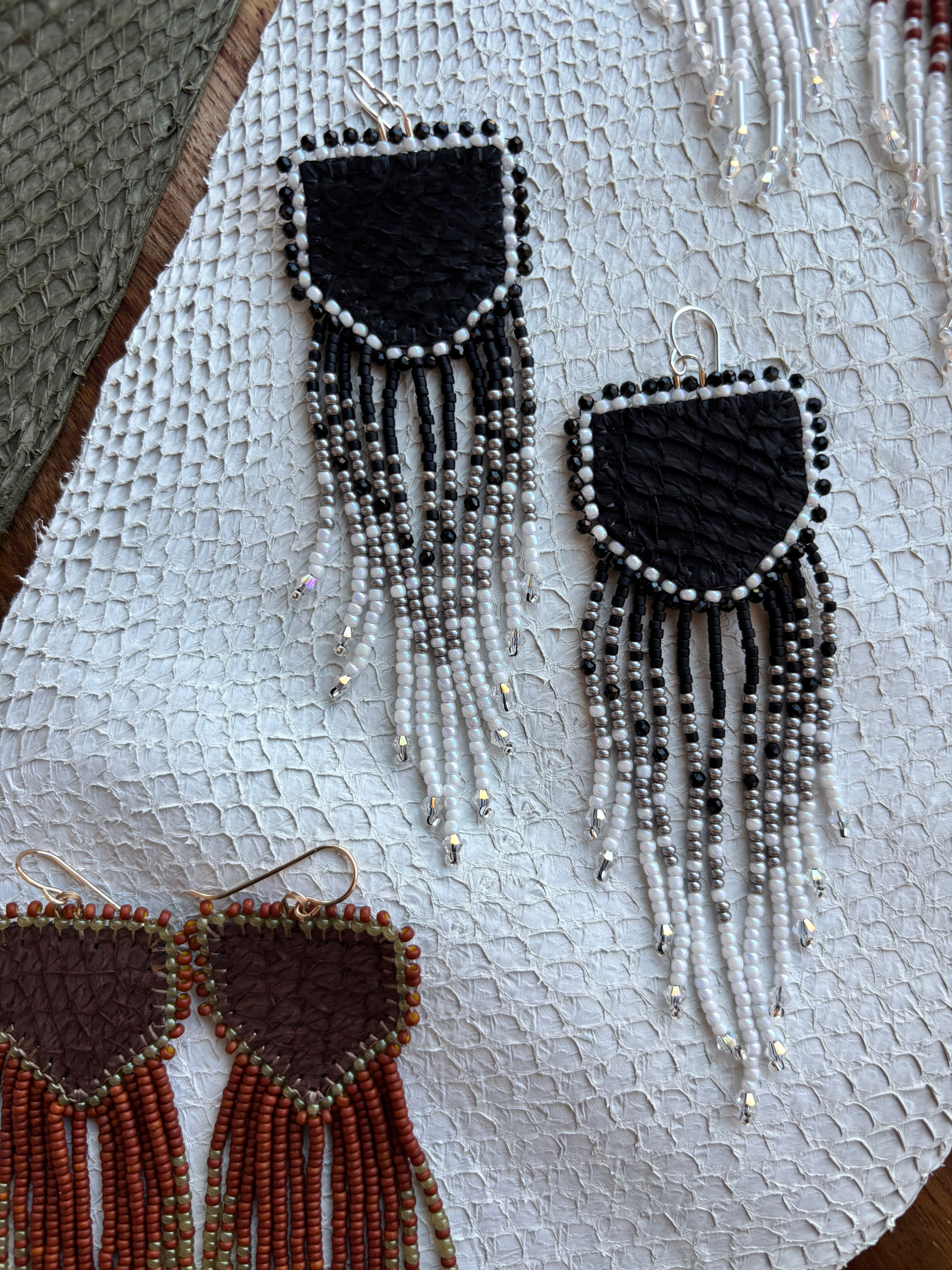 “The Last Winter Night” Black Salmon Leather Beaded Fringe Earrings