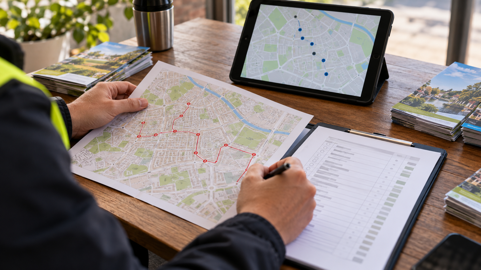 Operations team reviewing a campaign route map and delivery report