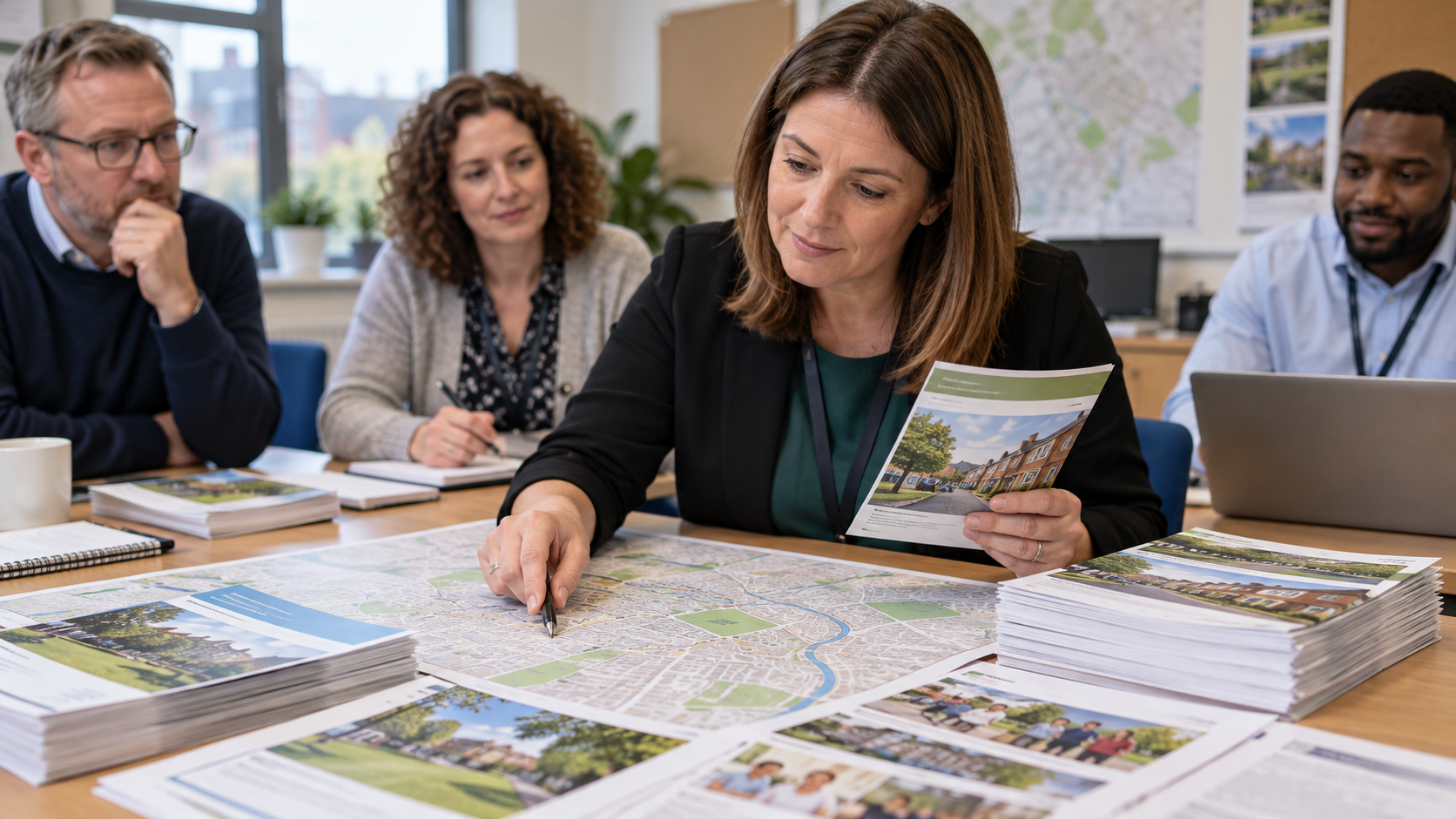 Public communications officer reviewing a neighbourhood map and resident notices
