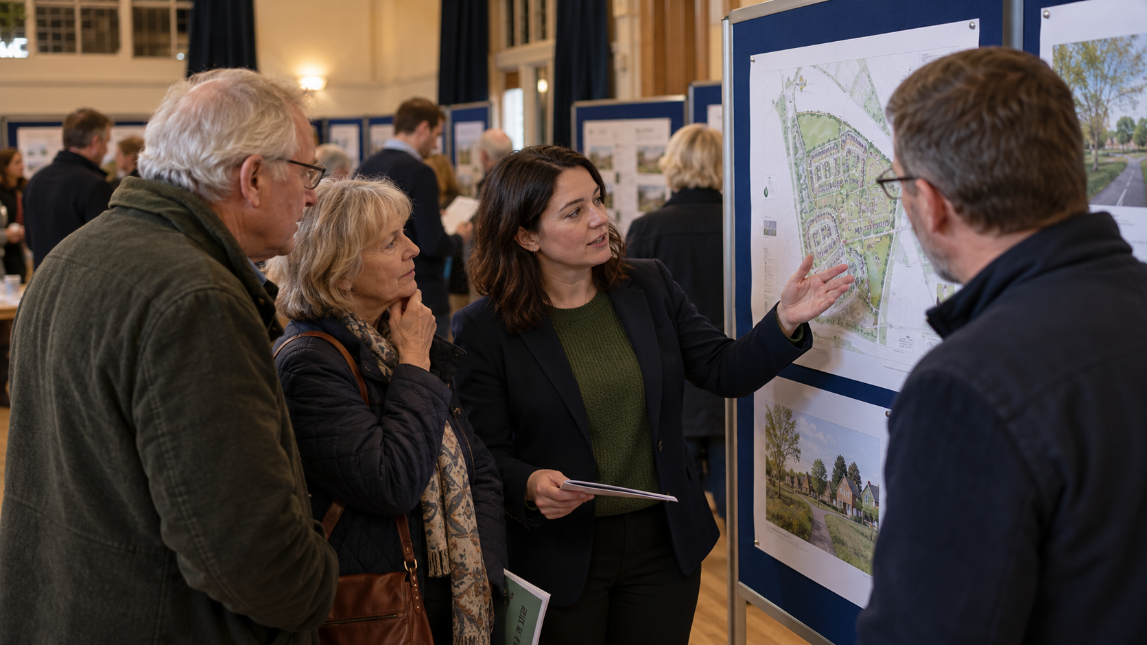 Residents reviewing housing plans at a public consultation event