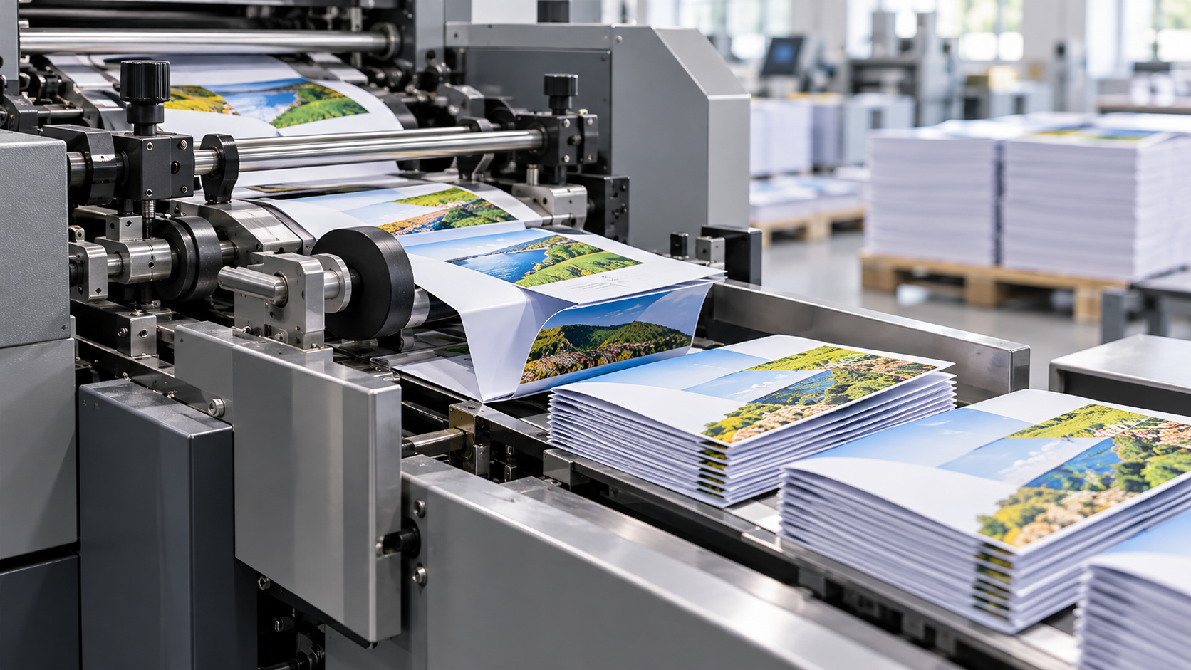 Fresh leaflets moving through a folding and finishing machine