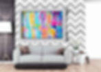 colourful abstract art on grey striped wallpaper