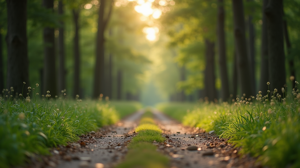 Eye-level view of a serene nature path surrounded by trees