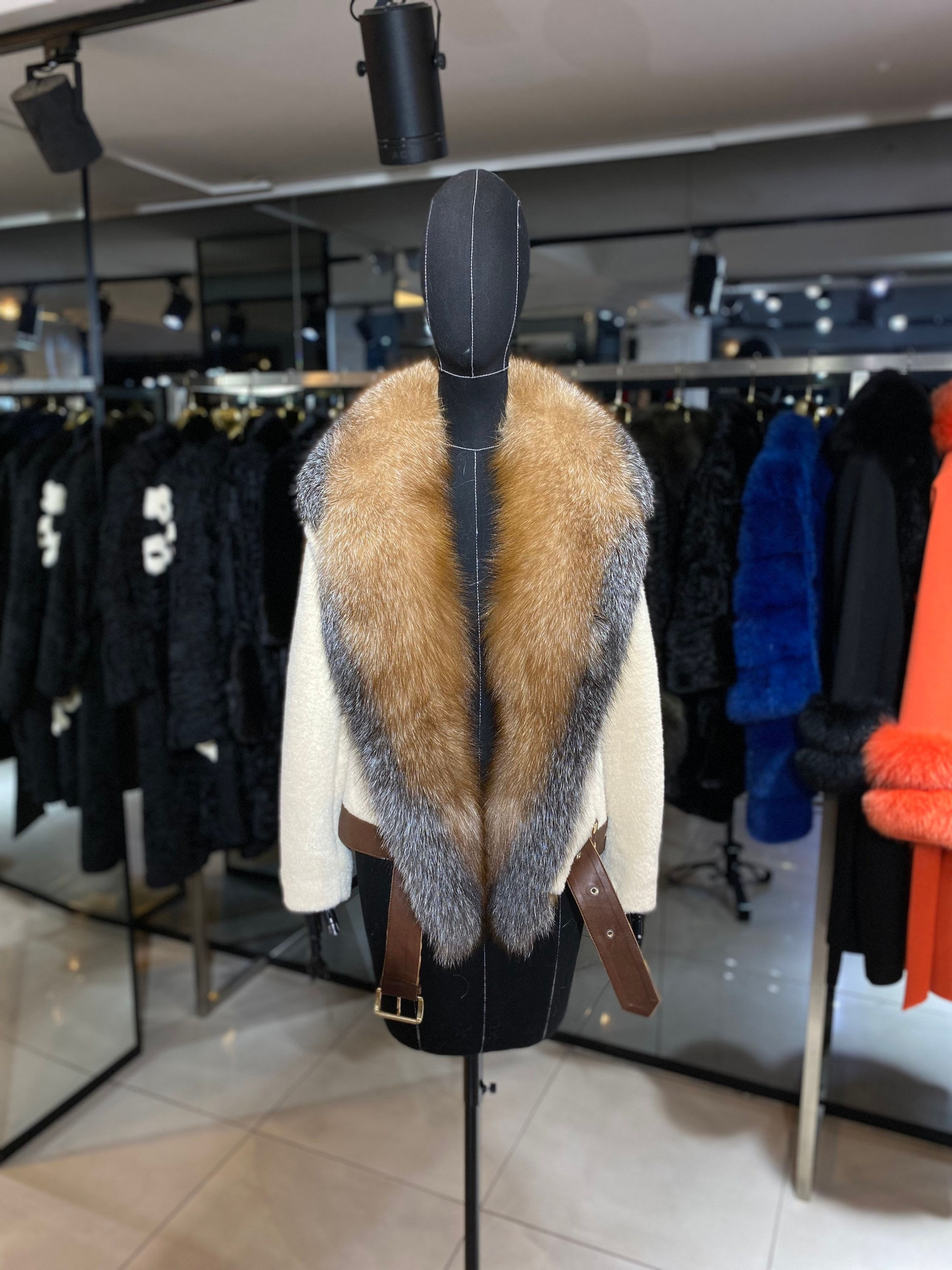 Beige Faux Fur Coat with Real Fox Fur Collar and Real Leather Details Women’s Wi
