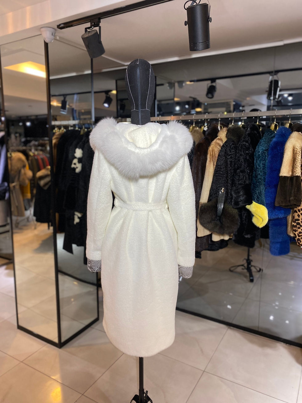 Thumbnail: White Faux Fur Coat with Real Fox Fur Hoodie and Real Python Leather Details Wom