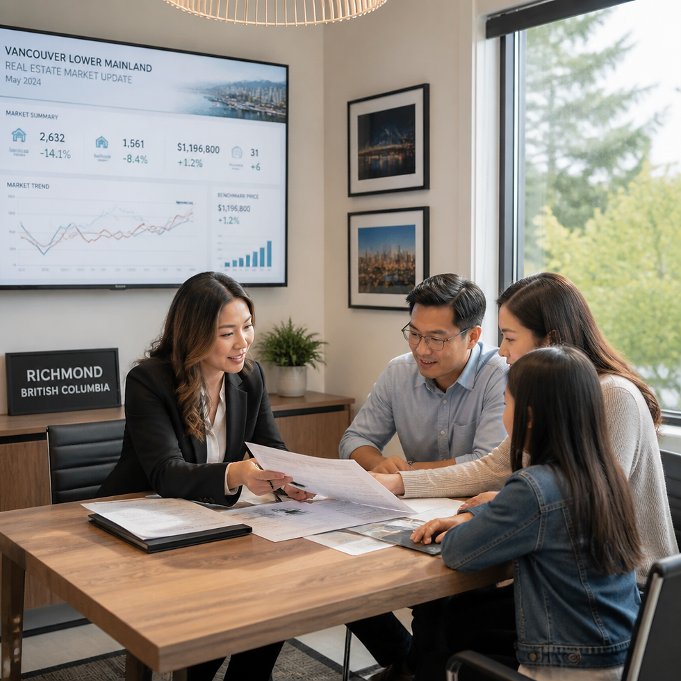 Real estate agent reviewing property ownership documents with family clients in Richmond office