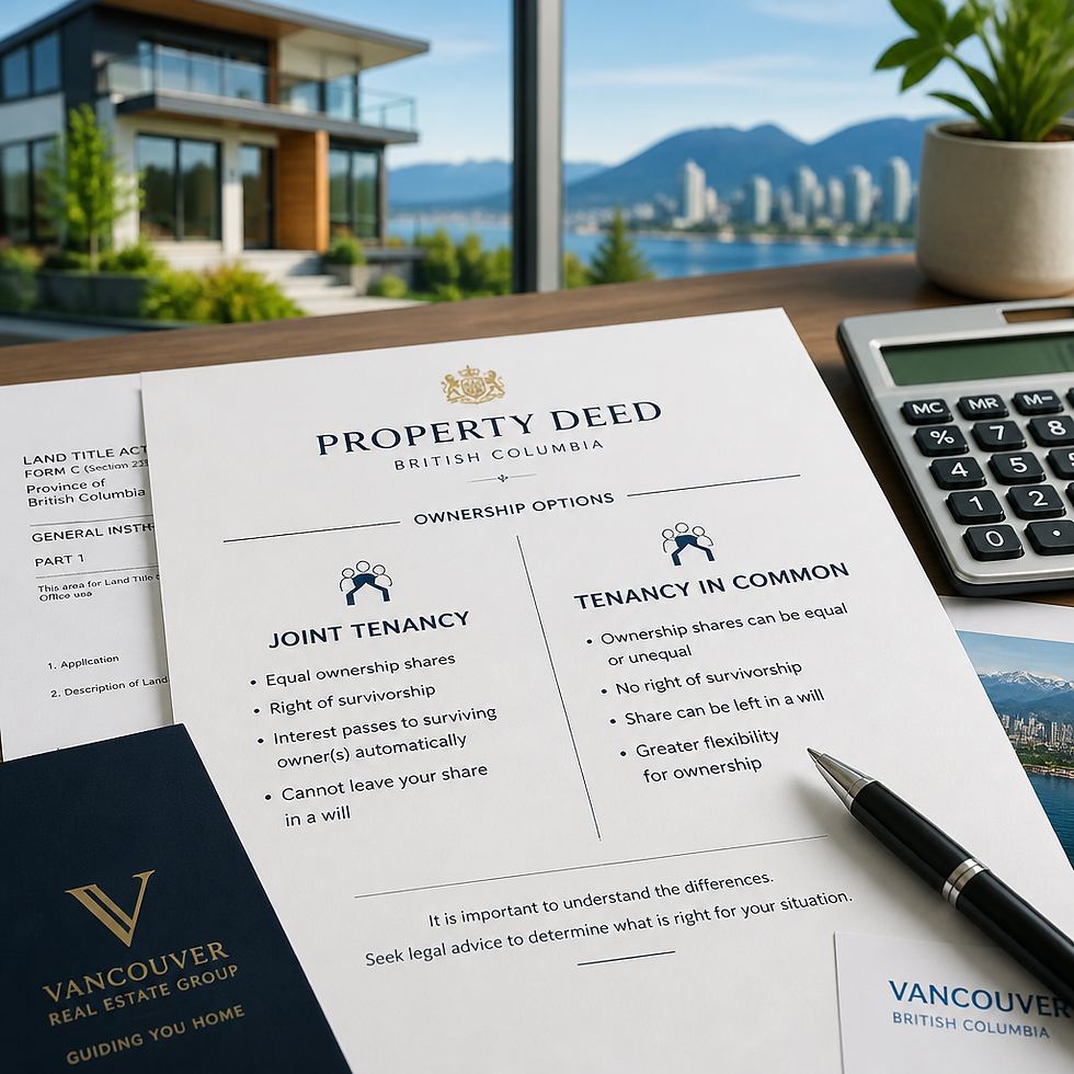 Property ownership documents and legal forms displayed for Joint Tenancy and Tenancy in Common comparison