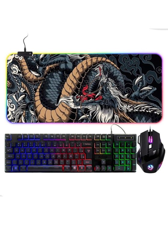 Kit Mousepad Dragão RGB, Teclado e Mouse