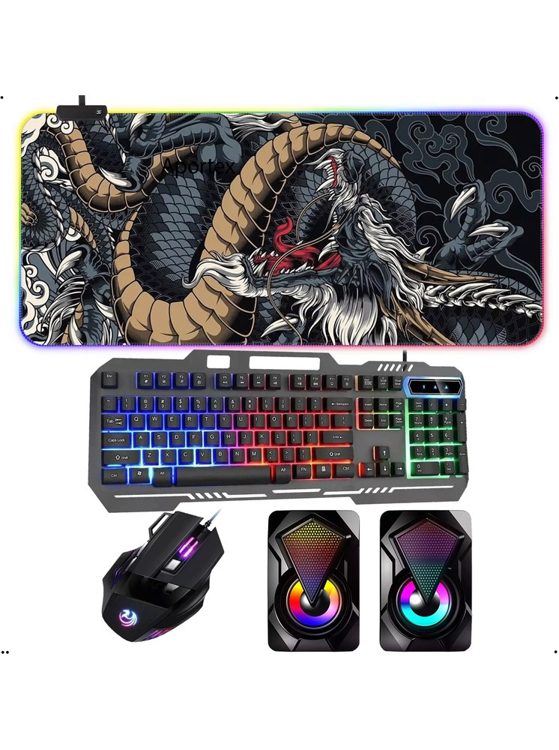Kit Teclado, Mouse, Mousepad Dragão e Som RGB
