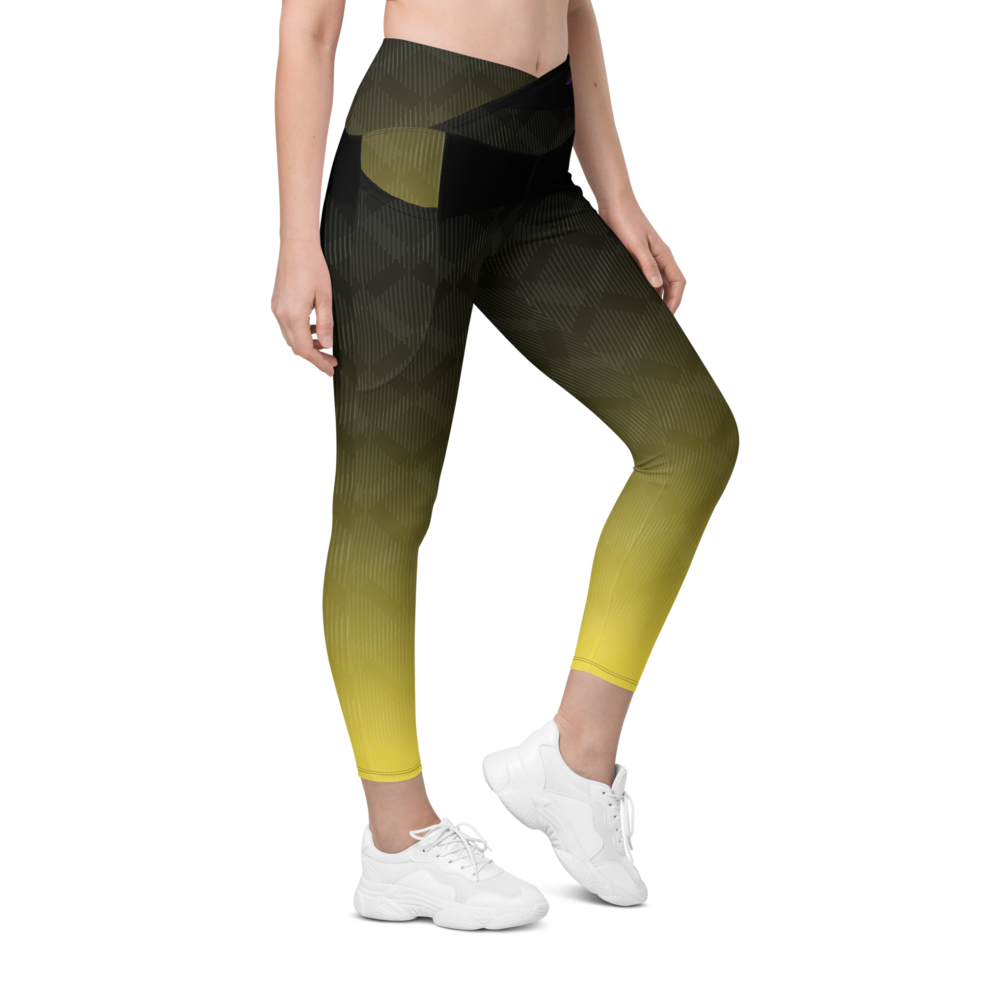 Crossover Leggings with Pockets - Yellow/Black Fade